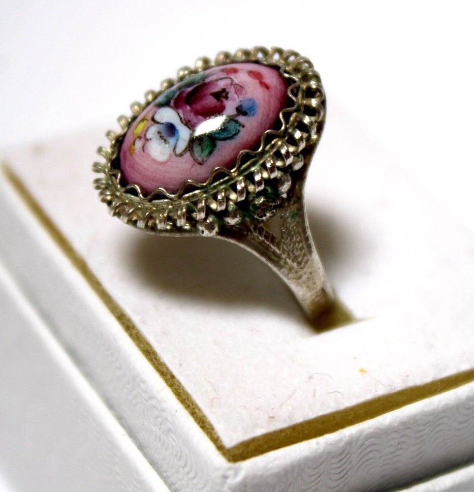 Vintage Unique Russian Enamel Painted Finift Jewelry Filigree Floral Ring #39
