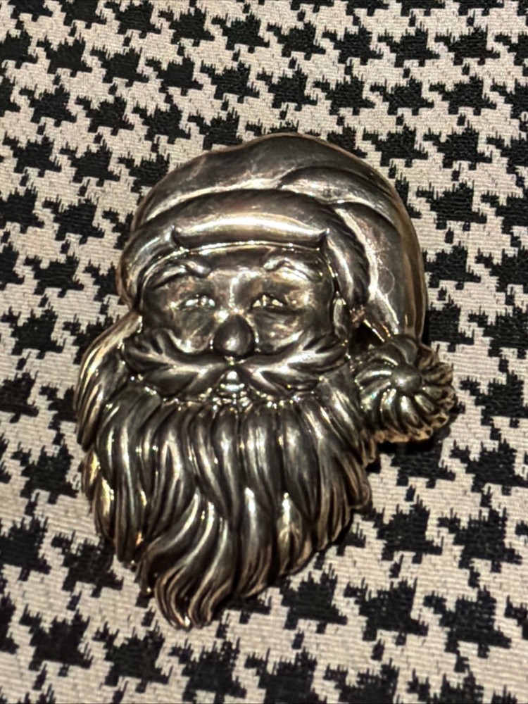 VTG Two Tone Metal Silvertone XL Santa Face Brooch & Pendant Signed Best 3 1/8”