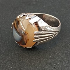 Sterling Silver Ring Men’s Vintage Natural Brown Stone Signet Pinky Retro Bold