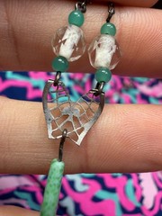 Vintage Necklace Art Deco Green Art Glass FloralBrass Asian Pendant Filigree PJ
