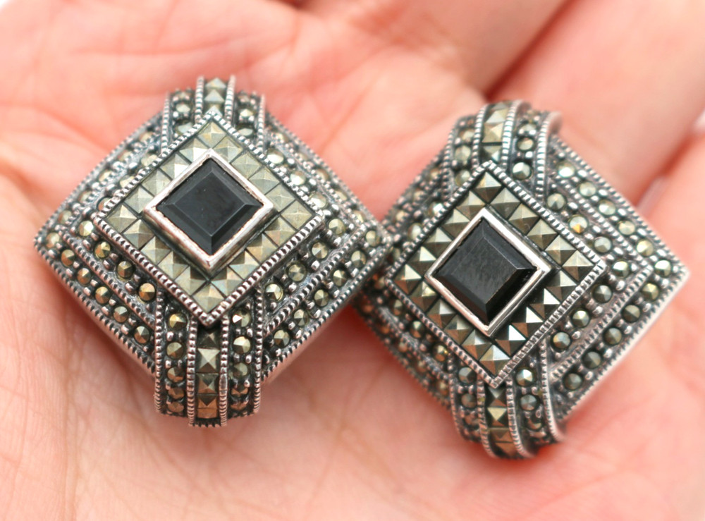 Vintage Judith Jack Sterling Silver 925 Square Stud Marcasite Clip On Earrings