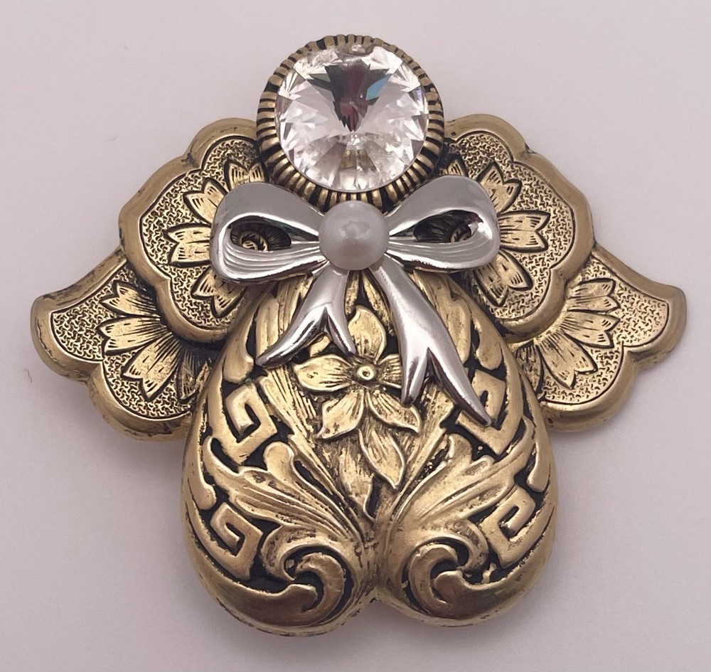 Vintage Christmas Angel Brooch Goldstone Silver Faux Pearl Signed Jane