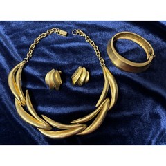 Vintage Matte Gold Abstract Stem Choker Necklace Bracelet Earrings Set 90’s