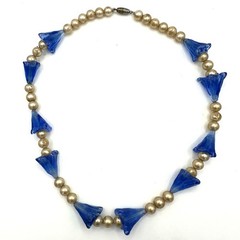 Antique Art Deco 1920s 1930s blue molded Czech glass beads faux pearls necklace