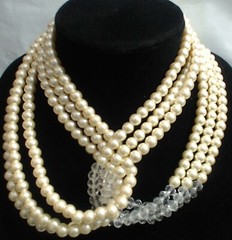 VTG Creamy Beige & Clear Crystal Glass Handmade Unique Necklace One of A Kind