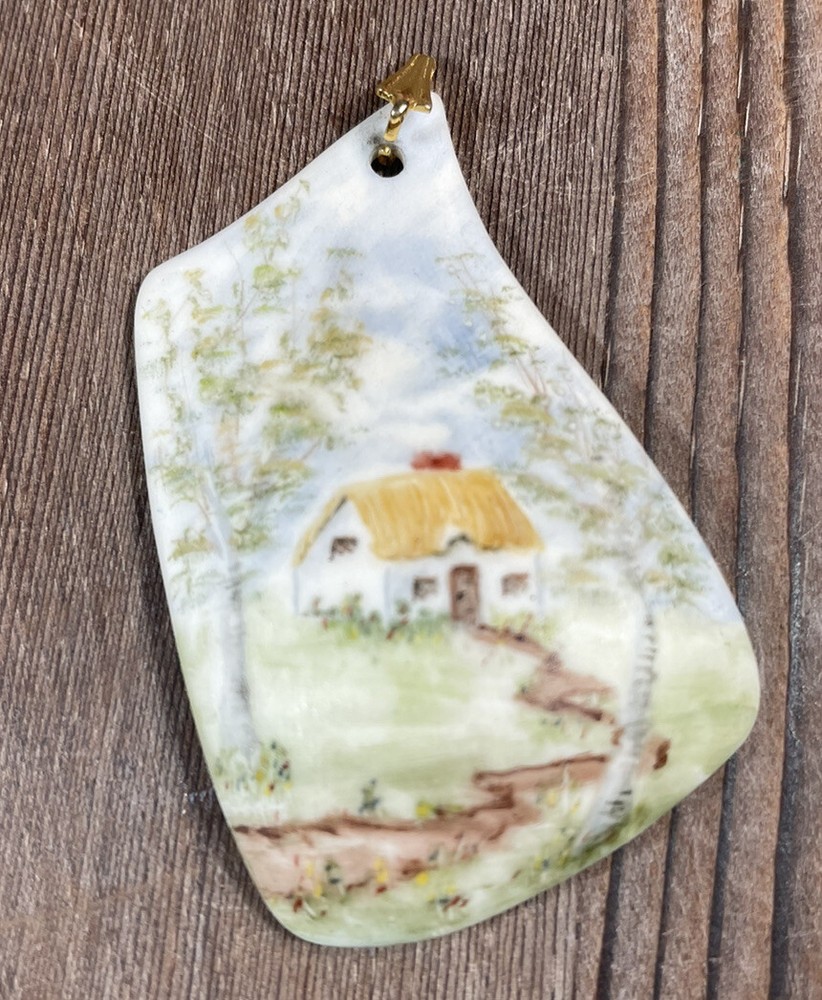 One of a kind hand painted porcelain pendant for necklace chain Sign Judy Onken