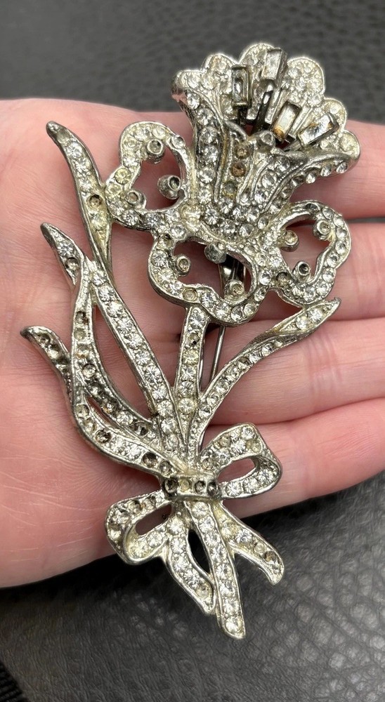 HUGE Vintage Art Deco Pot Metal Rhinestone Iris Flower Brooch Pin READ
