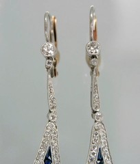 Art Deco Style Sapphire & Diamond Drop Dangle Wedding 14k White Gold FN Earrings