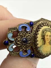 Antique Edwardian Portrait Brooch Blue Enamel C Clasp C1900 Vtg Cameo Brass