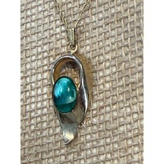 Vintage 12K Gold Filled Teal Green Cabochon Modernist Pendant Necklace 20in