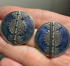 Vintage Signed Berebi Blue Enamel Button Post Earrings Blue Jean Boho Celestial
