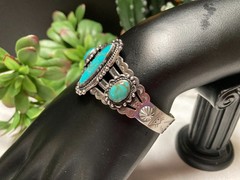 Fred Harvey Era Bell Trading Post Turquoise Three Stone Sterling Cuff Bracelet