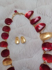 Vintage Red & Gold Tone Choker Necklace & Earrings Set Statement Costume Jewelry