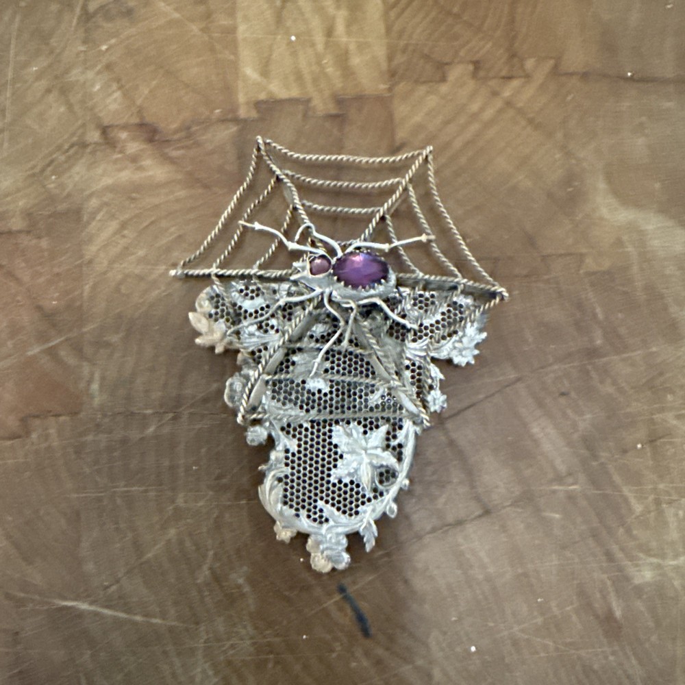 Vintage Lace And Spider Web Jeweled Spider Brooch Or Buckle