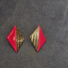 Vintage 1980s Red Enamel Silver Tone Diamond Geometric Post Earrings Bold Retro
