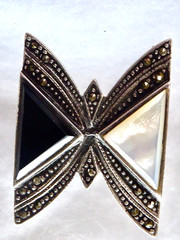 VINTAGE STAMPED 925 STERLING ONYX MOTHER OF PEARL MARCASITE BUTTERFLY PIN