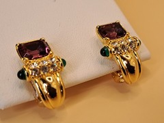 VTG Nolan Miller Clip On Earrings Gold Tone Purple Green Retro Glam Dynasty