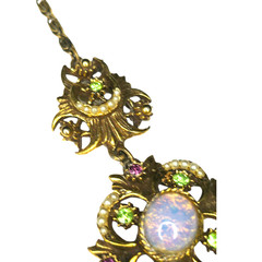 Victorian Revival Faux Fire Opal Pearl Necklace Gold Tone Missing 1 Pearl