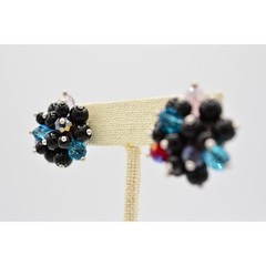 Vintage Cluster Pierced Earrings Crystal Beaded Multi-Color Chunky 1970s BinAR