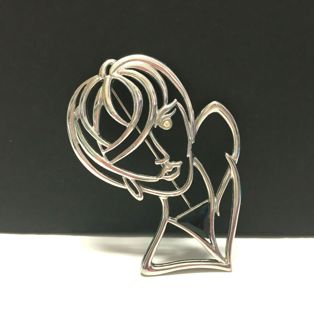 Vintage Signed J.J. JONETTE 1980’s Lady BROOCH Silver Open Work Rhinestone H441i