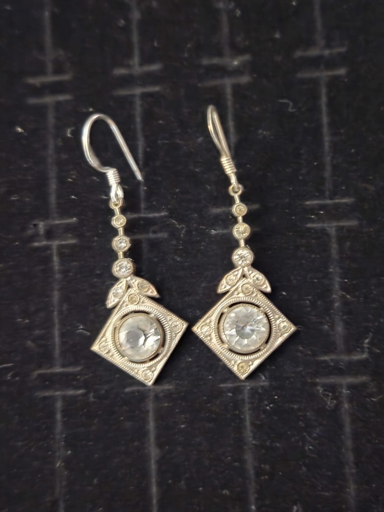 Vintage Sterling Silver Earrings Art Deco Crystal Dangles 1.25″ .925