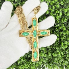 Vintage Whiting Davis Gold Tone Chunky Cross Faux Stones Long Pendant Necklace