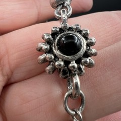 Vintage Long Silver Tone Necklace Black Floral Stations 35″ Southwest Statement