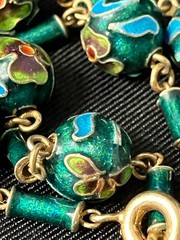 Vintage Champleve Bracelet Rich Green Floral Cloisonne Bead Chain Spring Clasp