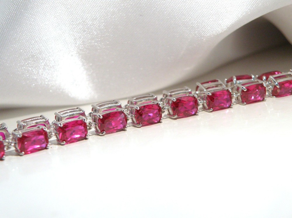 Sterling Silver 925 Lab Created Pink Ruby Tennis Bracelet 8″
