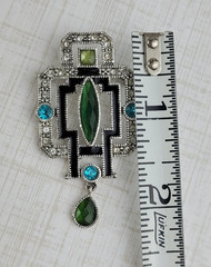 Silver Tone Multicolor Blue Green Rhinestone Brooch Art Deco Reproduction Design