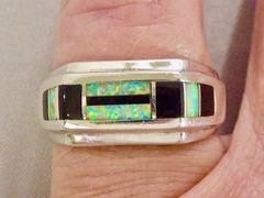 VINTAGE STERLING SILBER ONYX OPAL BAND RING SIZE 8.5 MAN MADE OPAL RING