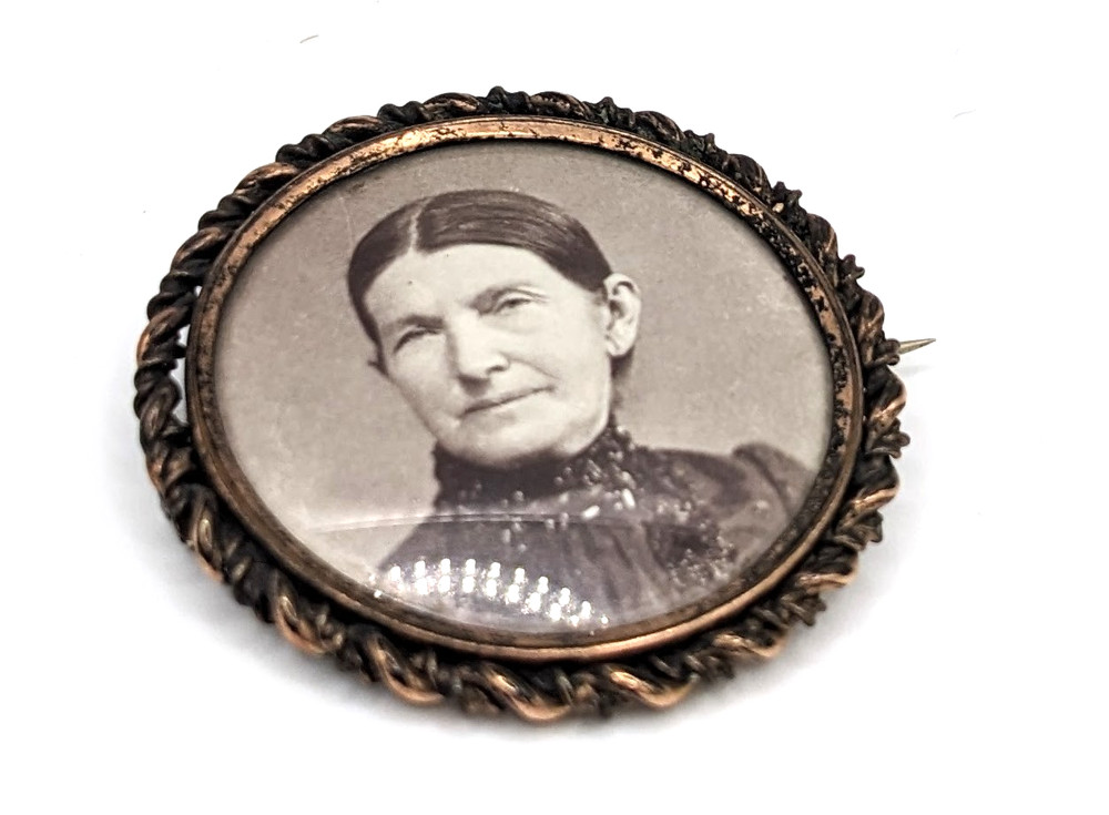 Antique VTG Mourning Brooch Colorized Photo Older Woman Portrait C Clasp Pin