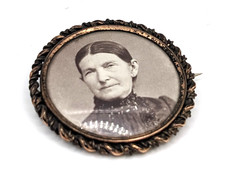 Antique VTG Mourning Brooch Colorized Photo Older Woman Portrait C Clasp Pin