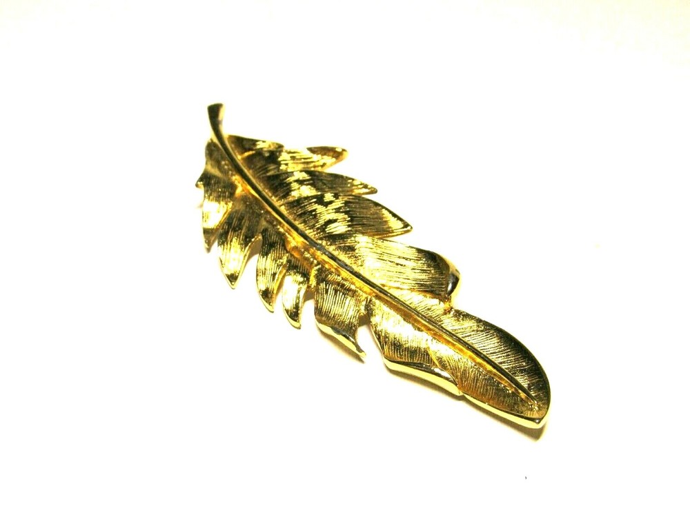 Gold Tone Feather Brooch Pin Large 3.5 inches