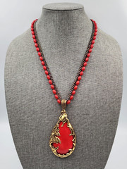 1960s Brutalist Love Witch Red Bead Gold Tone Pendant Necklace Vintage