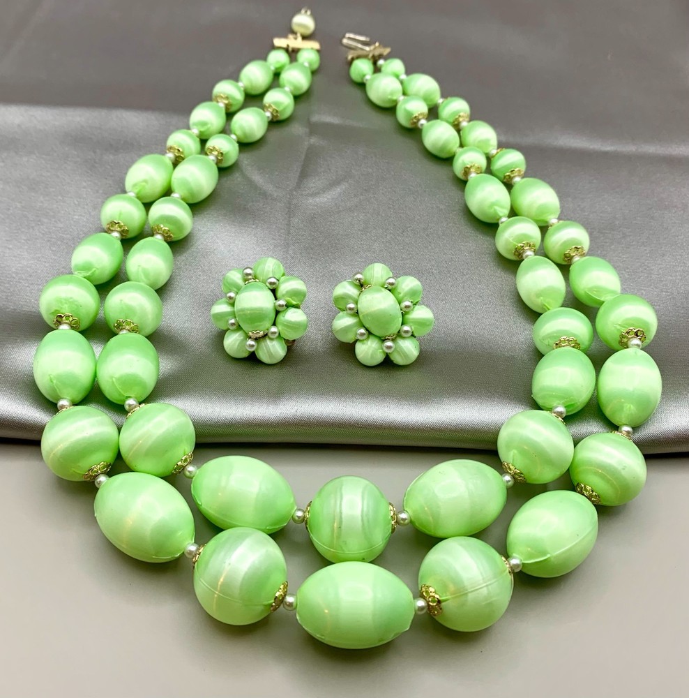 Vintage Lime Green Satin Finish 2-Strand Necklace & Clip Earrings Set MCM Japan