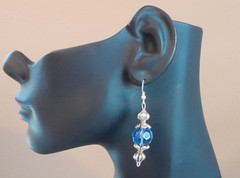 Stunning Silver Tone Faceted Crystal Glass Blue Bead Vintage Dangle Earrings