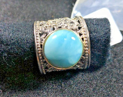 Round Cabochon Larimar Sterling Silver Wide Floral Band Ring & Original Package