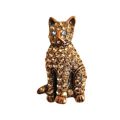 Vintage Gold Orange Tone Cat Pin Brooch Rhinestones 1 .5 Inches