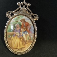 Large Beautiful Vintage LIMOGES FRANCE Cameo Necklace Courting Couple Porcelain