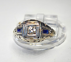 Estate Art Deco Diamond Synthetic Sapphire 18K White Gold Ring