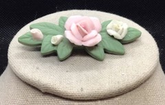 Vintage Costume Porcelain Wide White & Pink Roses Bar Pin C836