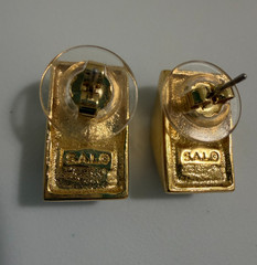 Vintage SAL Swarovski Crystal Blue Cube Illusion Post Earrings Gold Tone Stamped