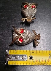 Vintage Red Cabochon Rhinestone Owl Brooch Silver Tone Lot Of 2