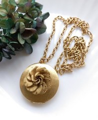 WWII 1940s Locket Necklace Russian Gold Picture Locket Brushed Goldtone Rose