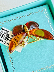 14K Gold Filled Butterfly Genuine Baltic Amber Brooch Vintage Butterscotch 925