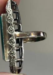 Huge Vintage Art Deco 925 Sterling Silver Green Marcasite Gemstone Ring