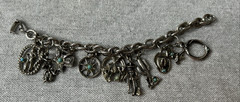 Vintage Cowboy Western Theme Charm Bracelet Silver Tone with Blue Stones