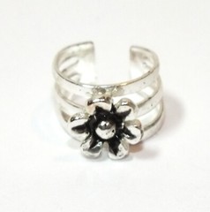 Vintage Earrings Silver Ear Cuff With Black Flower Clip On Huggie Jewelry J159