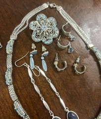 Vintage Jewelry Lot Blue Silver Statement Necklaces Earrings Brooch Boho Chic